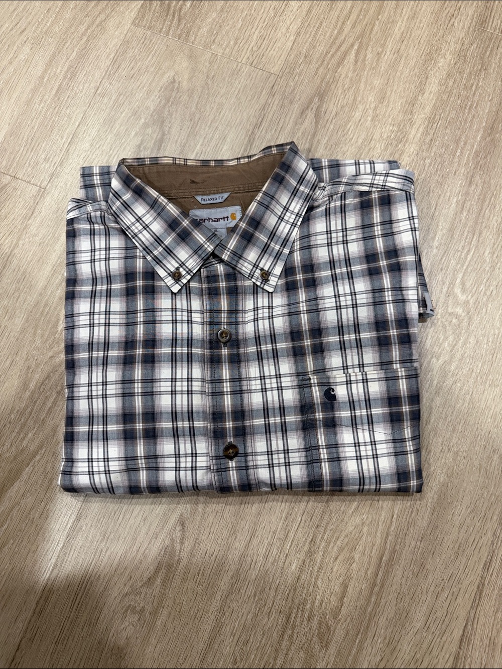 Carhartt Men’s Navy and White Plaid Button-Down Shirt